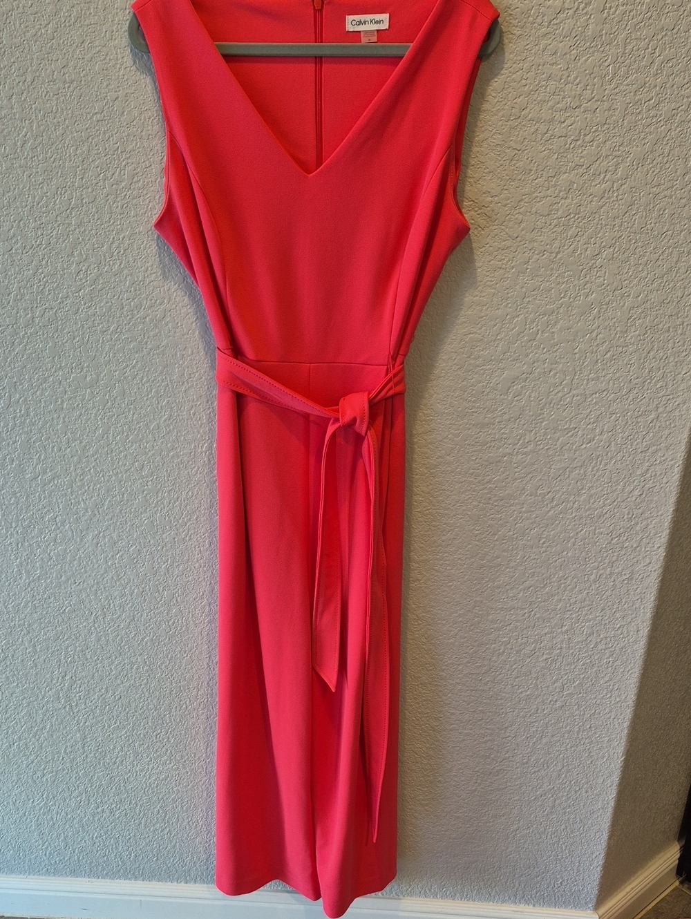 Calvin Klein Coral V-Neck Jumpsuit with Tie Waist